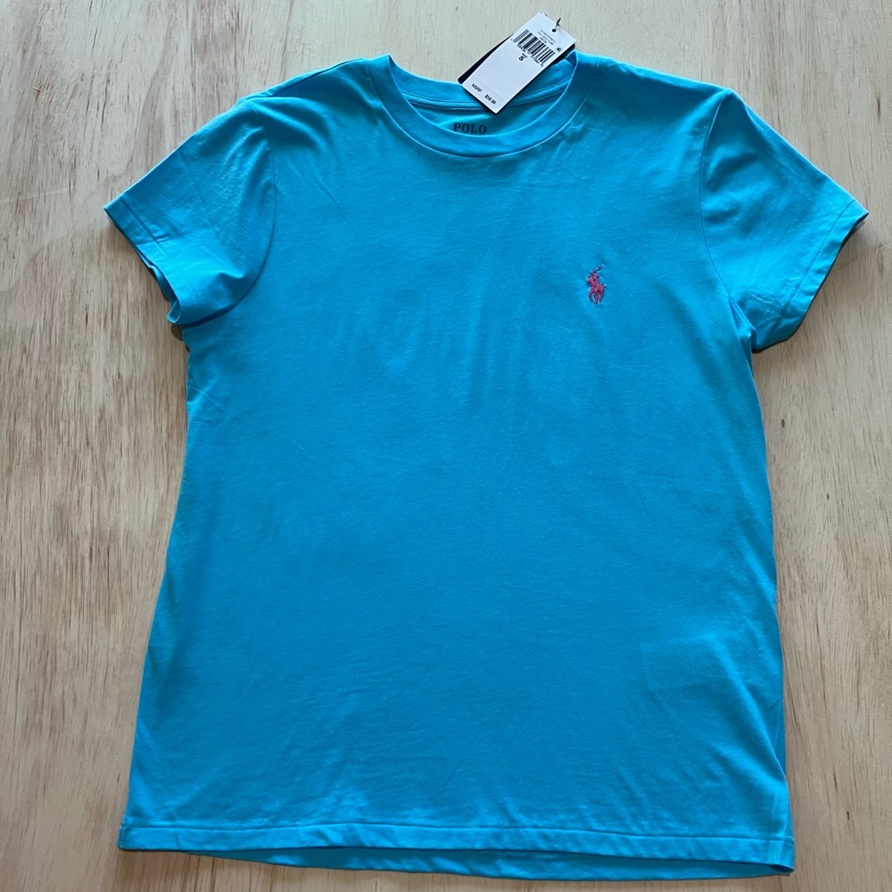 Polo Ralph Lauren Jersey Crewneck T-shirt Blue With Pink Pony Size Small NWT